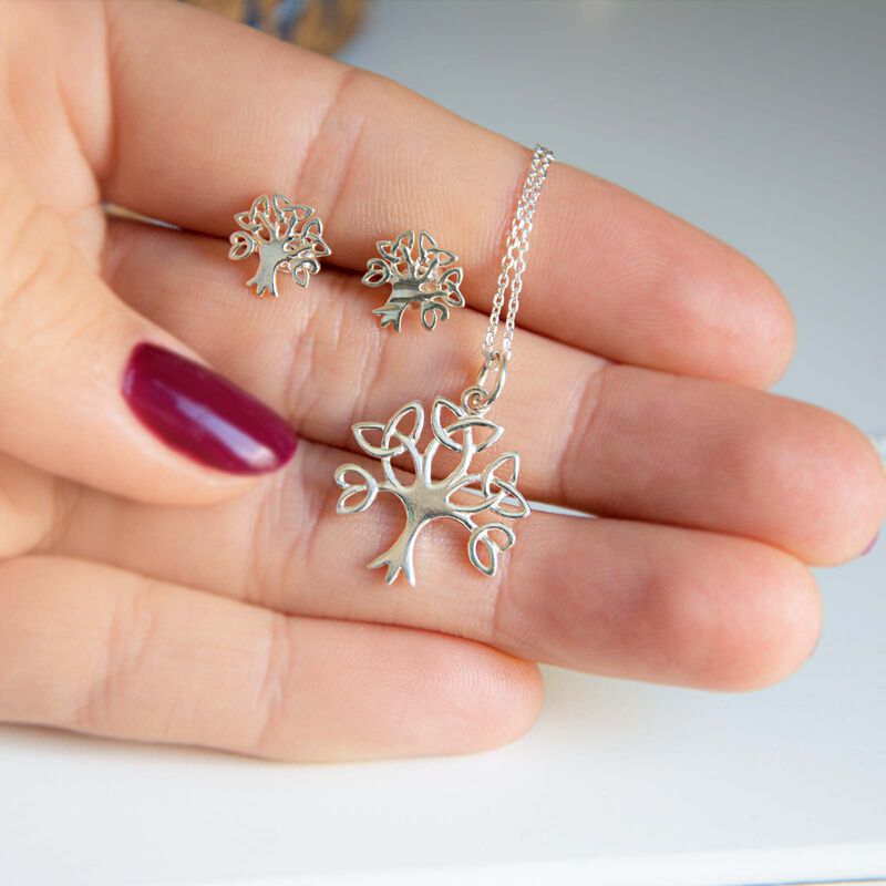 Hallmarked Sterling Silver Set Of Tree Of Life Earrings and Pendant